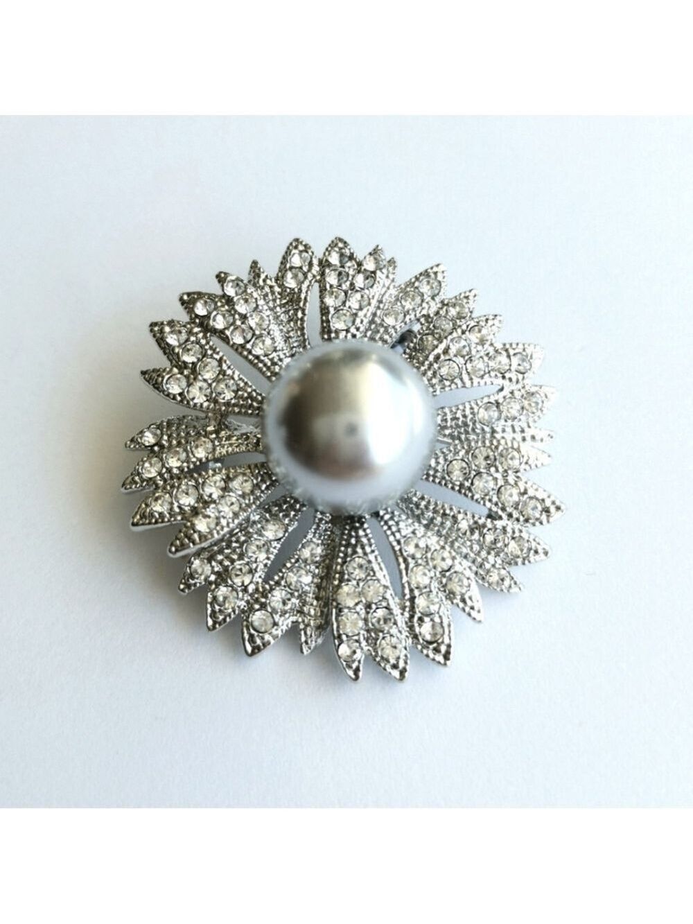 Vintage Silver crystal grey pearl carnation flower brooch pin
